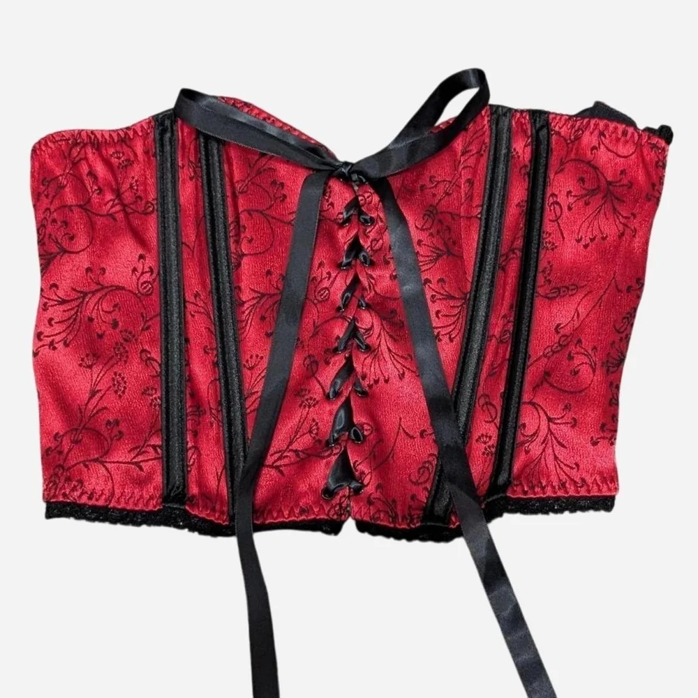 Fredericks of Hollywood Gothic Black and Red Floral Pattern Lace-Up Bustier - Picture 2 of 8